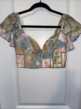 NEW WOMENS AQUA BLU OF AUSTRALIA FLORAL FLUTTER CROP TOP SIZE XS